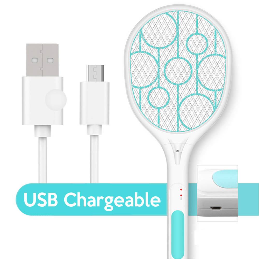 Puting rechargeable na electric mosquito swatter katabi ng USB charging cable